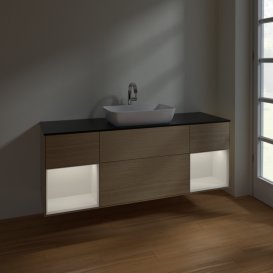 Тумба под раковину Villeroy & Boch Finion 160х50,1 см с подсветкой МДФ шпон дуба/стекло черное матовое F862GFPC