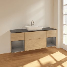 Тумба під раковину Villeroy & Boch Finion 160х50,1 см із підсвічуванням МДФ шпон дуба/скло чорне матове F862GKPC