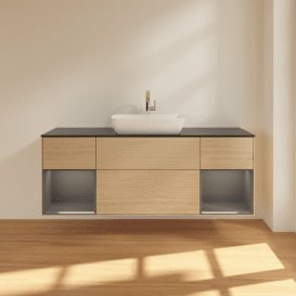 Тумба під раковину Villeroy & Boch Finion 160х50,1 см із підсвічуванням МДФ шпон дуба/скло чорне матове F862GKPC