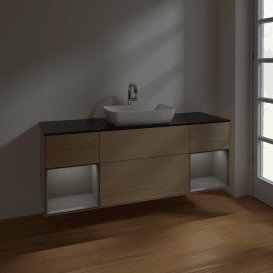 Тумба під раковину Villeroy & Boch Finion 160х50,1 см із підсвічуванням МДФ шпон дуба/скло чорне матове F862GKPC