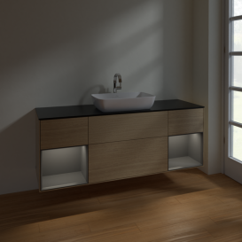 Тумба под раковину Villeroy & Boch Finion 160х50,1 см с подсветкой МДФ шпон дуба/стекло черное матовое F862GKPC