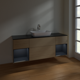 Тумба под раковину Villeroy & Boch Finion 160х50,1 см с подсветкой МДФ шпон дуба/стекло черное матовое F862HGPC