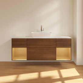 Тумба под раковину Villeroy & Boch Finion 160х50,1 см с подсветкой МДФ шпон грецкого ореха/стекло белое матовое G861HFGN