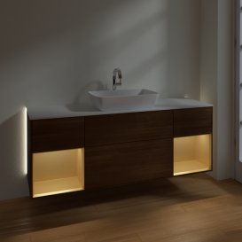 Тумба под раковину Villeroy & Boch Finion 160х50,1 см с подсветкой МДФ шпон грецкого ореха/стекло белое матовое G861HFGN