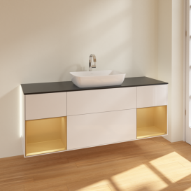 Тумба под раковину Villeroy & Boch Finion 160х50,1 см с подсветкой МДФ глянцевый белый лак/стекло черное матовое G862HFGF