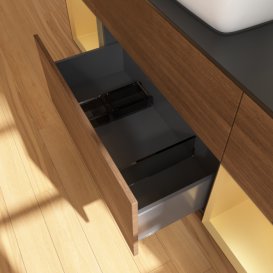 Тумба під раковину Villeroy & Boch Finion 160х50,1 см із підсвічуванням МДФ шпон волоського горіха/скло чорне матове G862HFGN