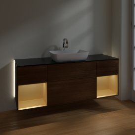 Тумба під раковину Villeroy & Boch Finion 160х50,1 см із підсвічуванням МДФ шпон волоського горіха/скло чорне матове G862HFGN