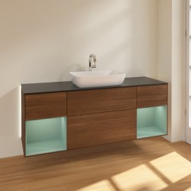 Тумба под раковину Villeroy & Boch Finion 160х50,1 см с подсветкой МДФ шпон грецкого ореха/стекло черное матовое G862GMGN