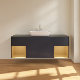 Тумба под раковину Villeroy & Boch Finion 160х50,1 см с подсветкой МДФ темно-синий матовый лак/стекло черное матовое G862HFHG