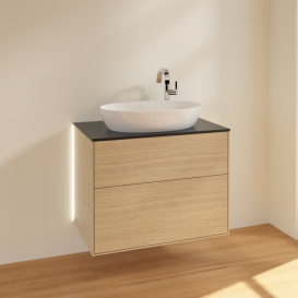 Тумба під раковину Villeroy & Boch Finion 80х50,1 см з підсвічуванням МДФ шпон дуба/скло чорне матове G87200PC