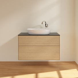 Тумба під раковину Villeroy & Boch Finion 100х50,1 см з підсвічуванням МДФ шпон дуба/скло чорне матове G88200PC