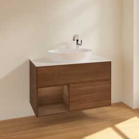 Тумба під раковину Villeroy & Boch Finion 100х50,1 см із підсвічуванням МДФ шпон волоського горіха/скло біле матове F891GNGN