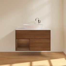 Тумба під раковину Villeroy & Boch Finion 100х50,1 см із підсвічуванням МДФ шпон волоського горіха/скло біле матове F891GNGN