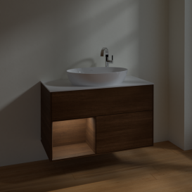 Тумба під раковину Villeroy & Boch Finion 100х50,1 см із підсвічуванням МДФ шпон волоського горіха/скло біле матове F891GNGN