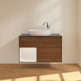 Тумба під раковину Villeroy & Boch Finion 100х50,1 см із підсвічуванням МДФ шпон волоського горіха/скло чорне матове F892GFGN