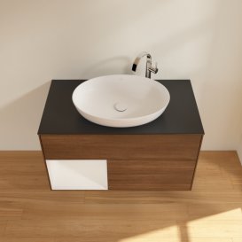 Тумба під раковину Villeroy & Boch Finion 100х50,1 см із підсвічуванням МДФ шпон волоського горіха/скло чорне матове F892GFGN