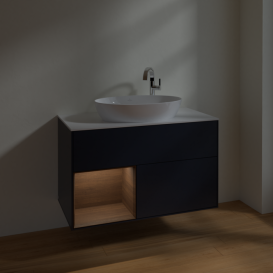 Тумба під раковину Villeroy & Boch Finion 100х50,1 см із підсвічуванням МДФ темно-синій матовий лак/скло біле матове F891GNHG