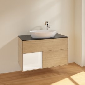 Тумба під раковину Villeroy & Boch Finion 100х50,1 см із підсвічуванням МДФ шпон дуба/скло чорне матове F892MTPC