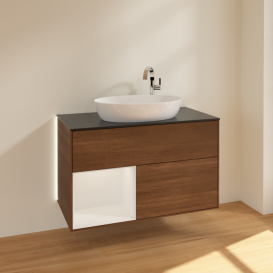 Тумба под раковину Villeroy & Boch Finion 100х50,1 см с подсветкой МДФ шпон грецкого ореха/стекло черное матовое G892GFGN