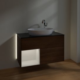 Тумба под раковину Villeroy & Boch Finion 100х50,1 см с подсветкой МДФ шпон грецкого ореха/стекло черное матовое G892GFGN