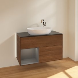 Тумба під раковину Villeroy & Boch Finion 100х50,1 см із підсвічуванням МДФ шпон волоського горіха/скло чорне матове G892GKGN