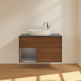 Тумба під раковину Villeroy & Boch Finion 100х50,1 см із підсвічуванням МДФ шпон волоського горіха/скло чорне матове G892GKGN