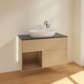 Тумба під раковину Villeroy & Boch Finion 100х50,1 см із підсвічуванням МДФ шпон дуба/скло чорне матове G892GNPC