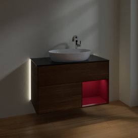 Тумба під раковину Villeroy & Boch Finion 100х50,1 см з підсвічуванням МДФ шпон волоського горіха/скло чорне матове G902HBGN