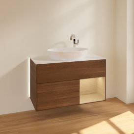 Тумба под раковину Villeroy & Boch Finion 100х50,1 см с подсветкой МДФ шпон грецкого ореха/стекло белое матовое G901PCGN