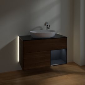 Тумба під раковину Villeroy & Boch Finion 100х50,1 см з підсвічуванням МДФ шпон волоського горіха/скло чорне матове G902HGGN