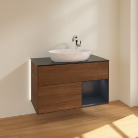 Тумба під раковину Villeroy & Boch Finion 100х50,1 см з підсвічуванням МДФ шпон волоського горіха/скло чорне матове G902HGGN