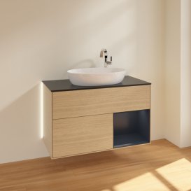 Тумба під раковину Villeroy & Boch Finion 100х50,1 см із підсвічуванням МДФ шпон дуба/скло чорне матове G902HGPC