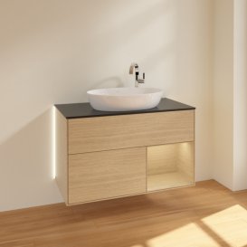 Тумба під раковину Villeroy & Boch Finion 100х50,1 см із підсвічуванням МДФ шпон дуба/скло чорне матове G902PCPC