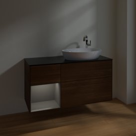 Тумба під раковину Villeroy & Boch Finion 120х50,1 см з підсвічуванням МДФ шпон волоського горіха/скло чорне матове F922GKGN