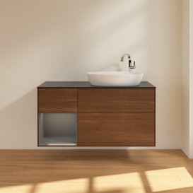 Тумба під раковину Villeroy & Boch Finion 120х50,1 см з підсвічуванням МДФ шпон волоського горіха/скло чорне матове F922GKGN