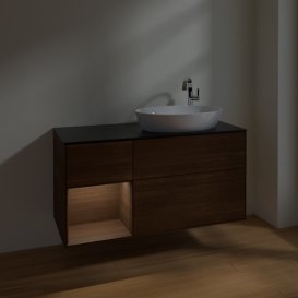 Тумба під раковину Villeroy & Boch Finion 120х50,1 см з підсвічуванням МДФ шпон волоського горіха/скло чорне матове F922GNGN