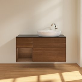 Тумба під раковину Villeroy & Boch Finion 120х50,1 см з підсвічуванням МДФ шпон волоського горіха/скло чорне матове F922GNGN