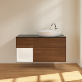 Тумба під раковину Villeroy & Boch Finion 120х50,1 см з підсвічуванням МДФ шпон волоського горіха/скло чорне матове F922MTGN