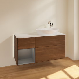 Тумба под раковину Villeroy & Boch Finion 120х50,1 см с подсветкой МДФ шпон грецкого ореха/стекло белое матовое G921GKGN