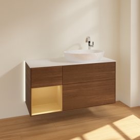 Тумба під раковину Villeroy & Boch Finion 120х50,1 см з підсвічуванням МДФ шпон волоського горіха/скло біле матове G921HFGN