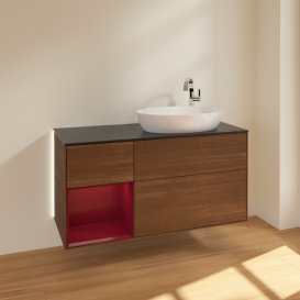 Тумба під раковину Villeroy & Boch Finion 120х50,1 см з підсвічуванням МДФ шпон волоського горіха/скло чорне матове G922HBGN