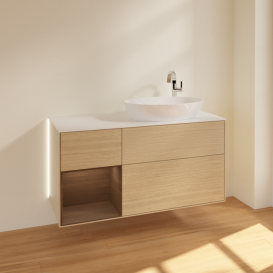 Тумба під раковину Villeroy & Boch Finion 120х50,1 см із підсвічуванням МДФ шпон дуба/скло біле матове G921GNPC