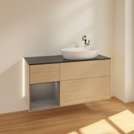 Тумба під раковину Villeroy & Boch Finion 120х50,1 см з підсвічуванням МДФ шпон дуба/скло чорне матове G922GKPC