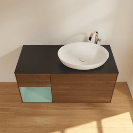 Тумба під раковину Villeroy & Boch Finion 120х50,1 см з підсвічуванням МДФ шпон волоського горіха/скло чорне матове G922GMGN