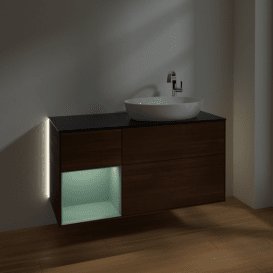 Тумба під раковину Villeroy & Boch Finion 120х50,1 см з підсвічуванням МДФ шпон волоського горіха/скло чорне матове G922GMGN