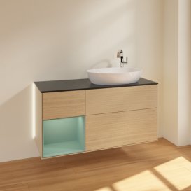 Тумба під раковину Villeroy & Boch Finion 120х50,1 см з підсвічуванням МДФ шпон дуба/скло чорне матове G922GMPC