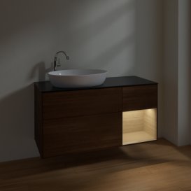 Тумба під раковину Villeroy & Boch Finion 120х50,1 см з підсвічуванням МДФ шпон волоського горіха/скло чорне матове F932PCGN