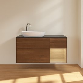 Тумба під раковину Villeroy & Boch Finion 120х50,1 см з підсвічуванням МДФ шпон волоського горіха/скло чорне матове F932PCGN