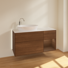 Тумба под раковину Villeroy & Boch Finion 120х50,1 см с подсветкой МДФ шпон грецкого ореха/стекло белое матовое G931GNGN