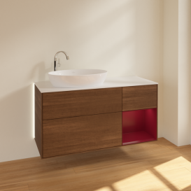 Тумба под раковину Villeroy & Boch Finion 120х50,1 см с подсветкой МДФ шпон грецкого ореха/стекло белое матовое G931HBGN